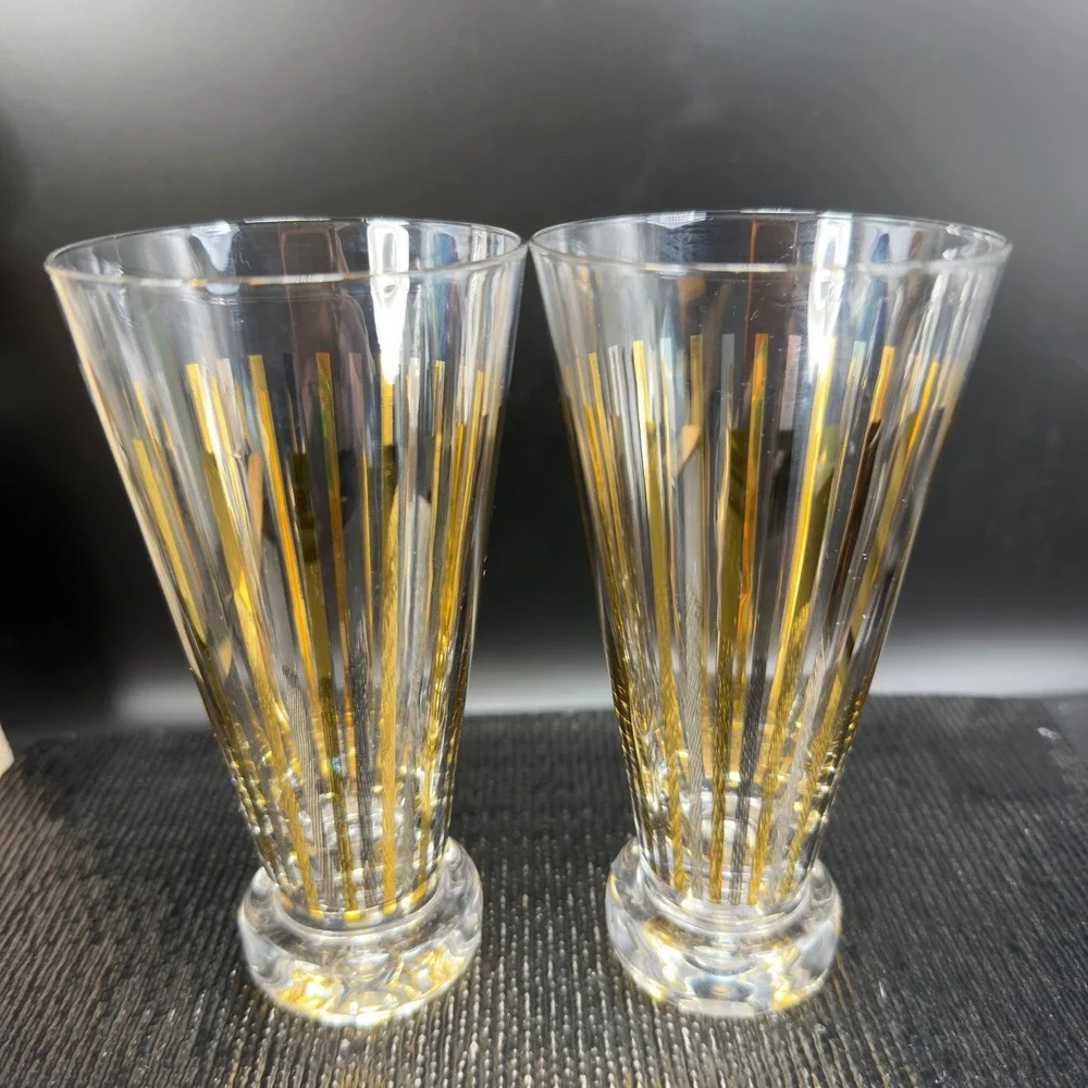 Vintage Mid Century Gold Silver Striped Footed Pilsner Cups Glasses Set of 2 VTG